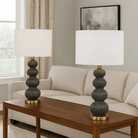 Lomy 26 Inch Table Lamp Set of 2, Stacked Ball Gray Black, White Shade -BM323965