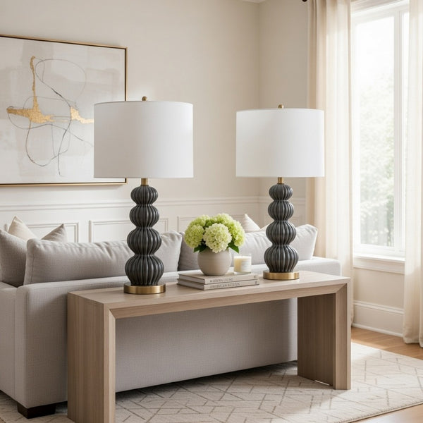 Lomy 26 Inch Table Lamp Set of 2, Stacked Ball Gray Black, White Shade -BM323965