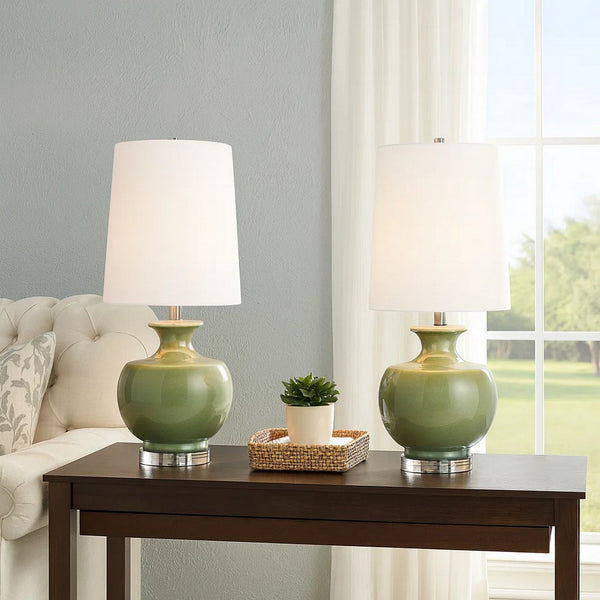 Kela 28 Inch Table Lamp Set of 2, Green Ceramic Pot Base, White Shade -BM323966