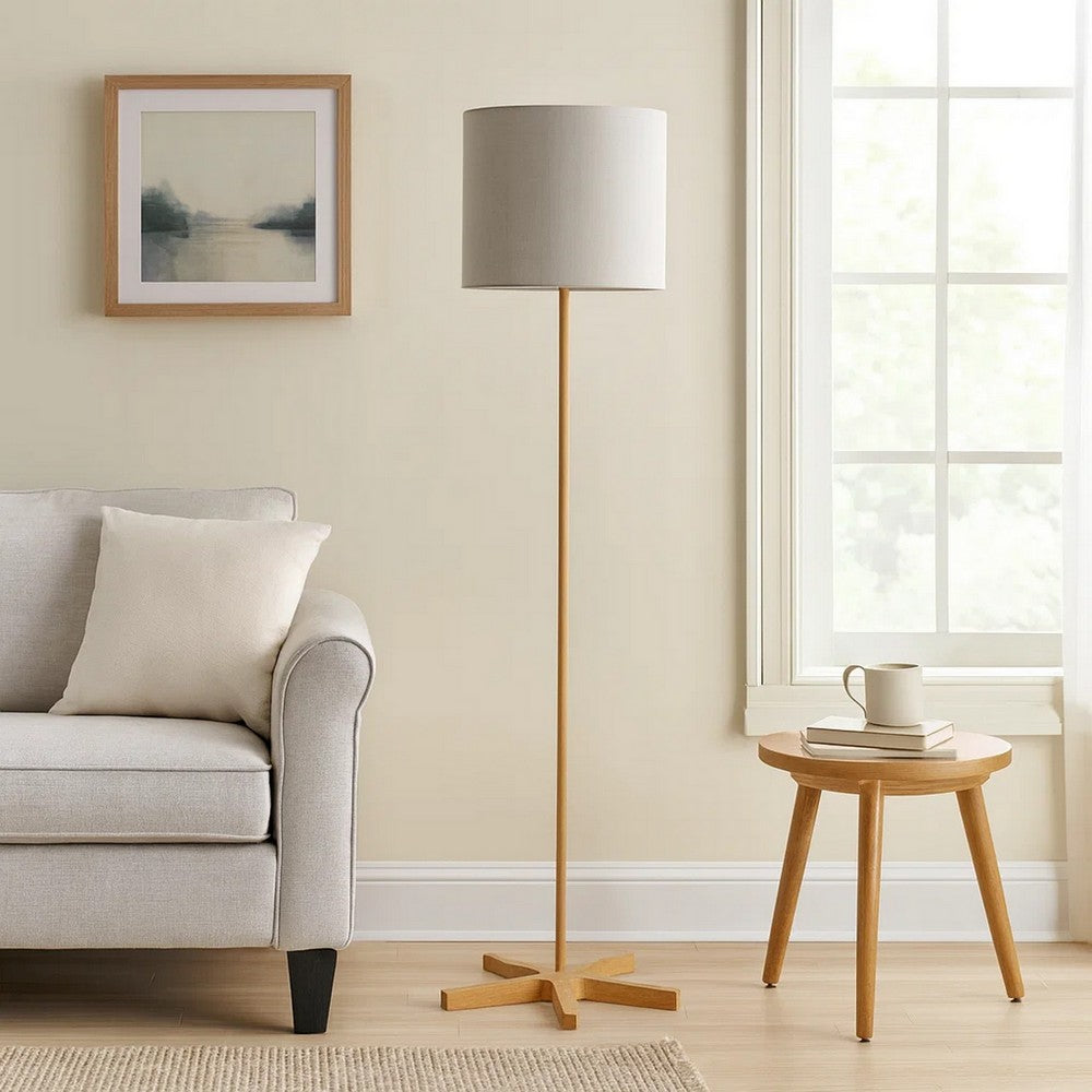 Plue 62 Inch Floor Lamp, Brown Pole w Star Wood Base, White Shade -BM323967