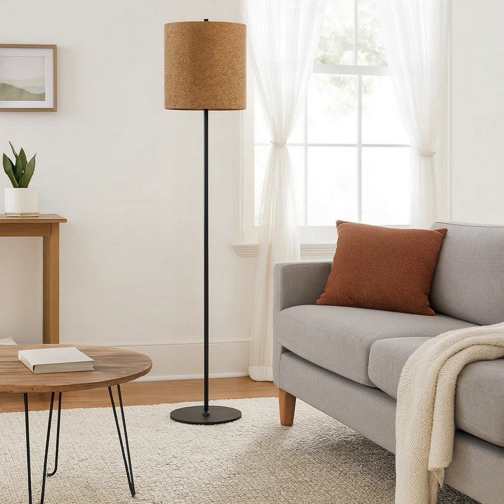 Plue 63 Inch Floor Lamp, Black Pole w Round Base, Cork Drum Shade -BM323968