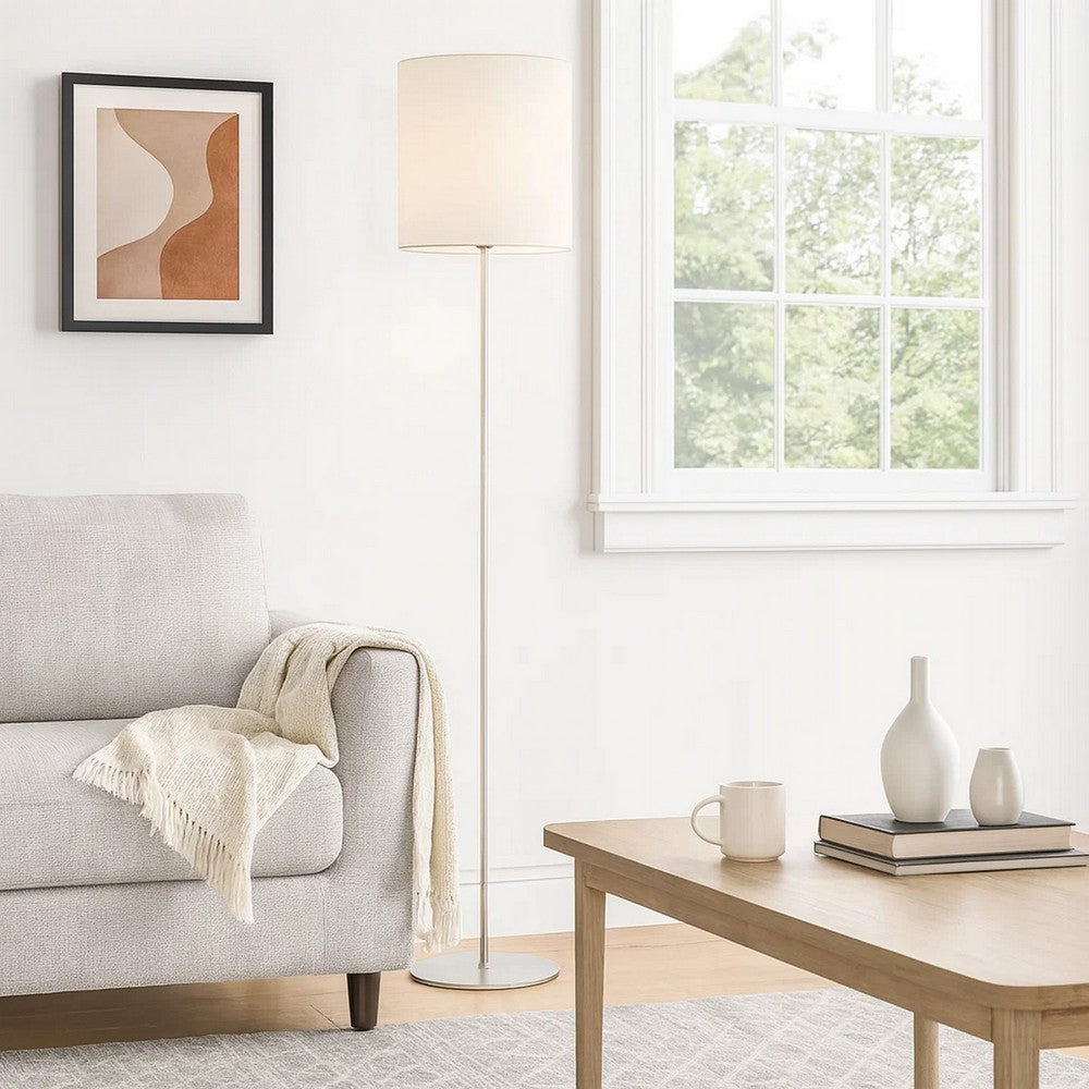 Plue 63 Inch Floor Lamp, Chrome Pole Round Base, Off White Drum Shade -BM323969