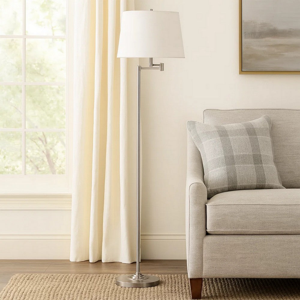 Tomi 63 Inch Floor Lamp, Double Swing Arm, Brushed Steel, White Shade -BM323971