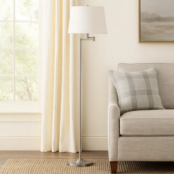 Tomi 63 Inch Floor Lamp, Double Swing Arm, Brushed Steel, White Shade -BM323971
