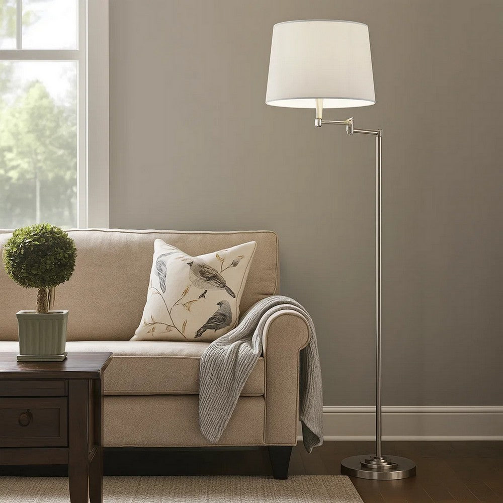 Tomi 63 Inch Floor Lamp, Double Swing Arm, Brushed Steel, White Shade -BM323971
