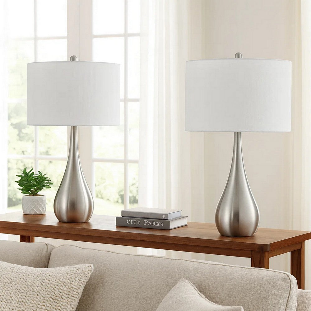 Ege Table Lamp Set of 2, Teardrop Brushed Steel Base, White Shade -BM323973