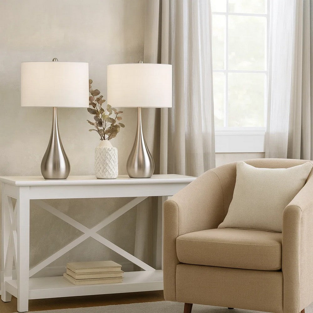 Ege Table Lamp Set of 2, Teardrop Brushed Steel Base, White Shade -BM323973