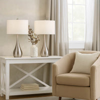 Ege Table Lamp Set of 2, Teardrop Brushed Steel Base, White Shade -BM323973