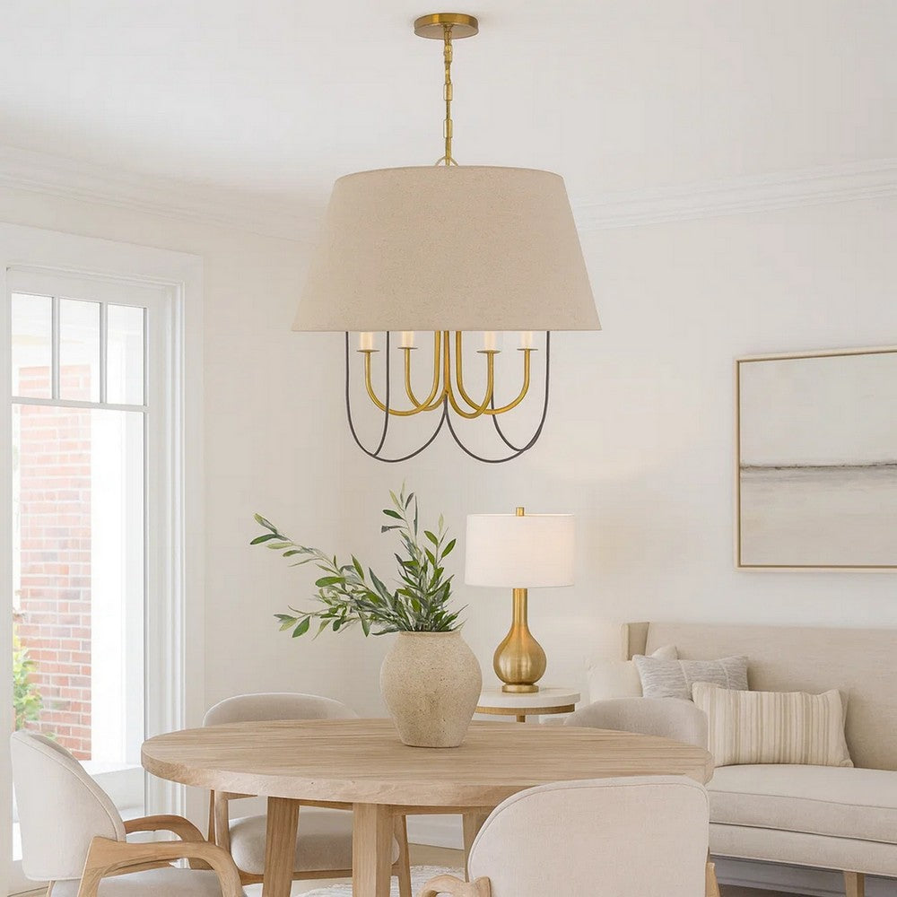 Pomy 24 Inch Chandelier, Hardback Burlap Shade, Gold Black Metal -BM323975