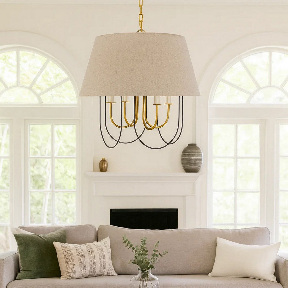 Pomy 24 Inch Chandelier, Hardback Burlap Shade, Gold Black Metal -BM323975