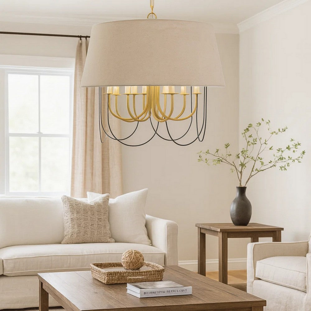 Pomy 28 Inch Chandelier, Hardback Burlap Shade, Gold Black Metal -BM323976
