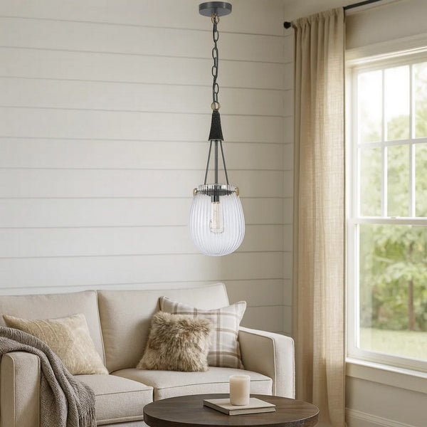 Cora 8 Inch Pendant Light w Gray Gold Chain, Fluted Raindrop Glass -BM323979