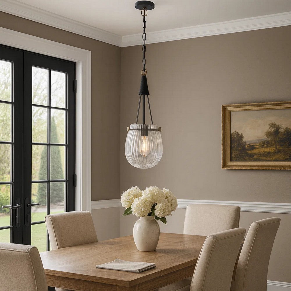 Cora 8 Inch Pendant Light w Gray Gold Chain, Fluted Raindrop Glass -BM323979