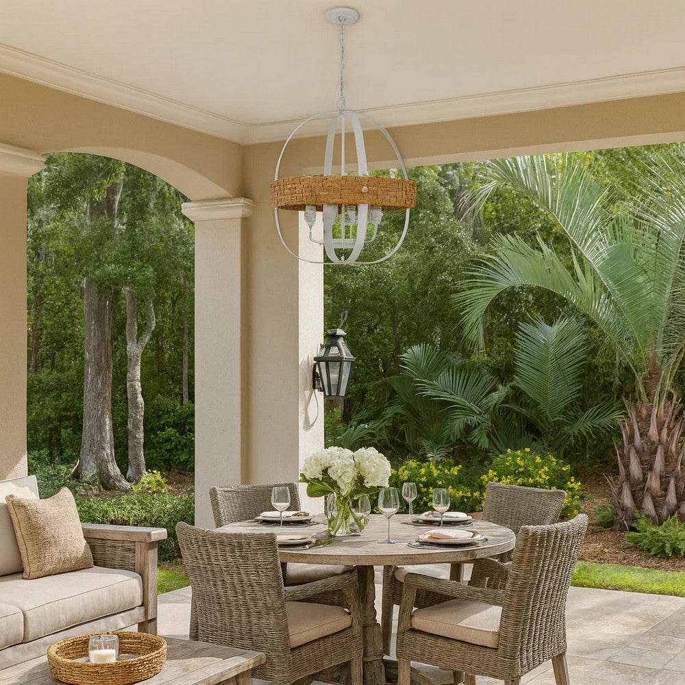 Baty Chandelier, 4 Light Rustic Rattan Round, White Metal 21 Inch -BM323981