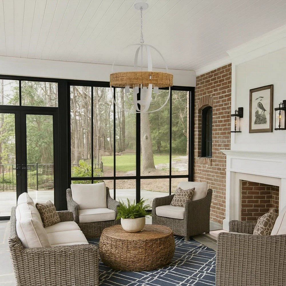 Baty Chandelier, 4 Light Rustic Rattan Round, White Metal 21 Inch -BM323981