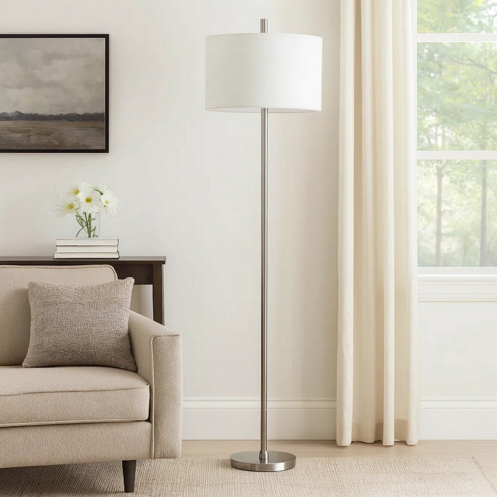 Ano Floor Lamp, Slim Frame, White Drum Shade, Chrome Metal 67 Inch -BM323991