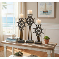 Capi 3pc Candle Holder Set w Candles, Bronze Wheel Shape, Solid Base -BM323993