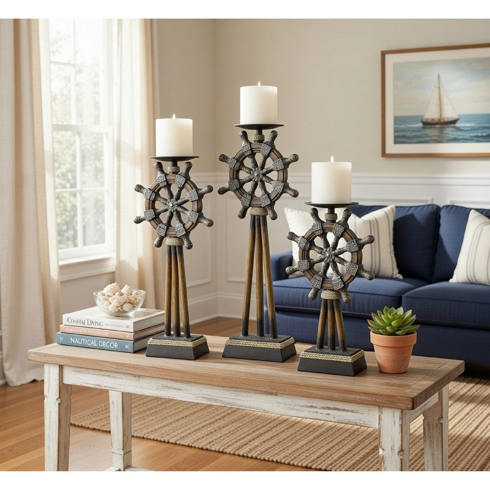 Capi 3pc Candle Holder Set w Candles, Bronze Wheel Shape, Solid Base -BM323993