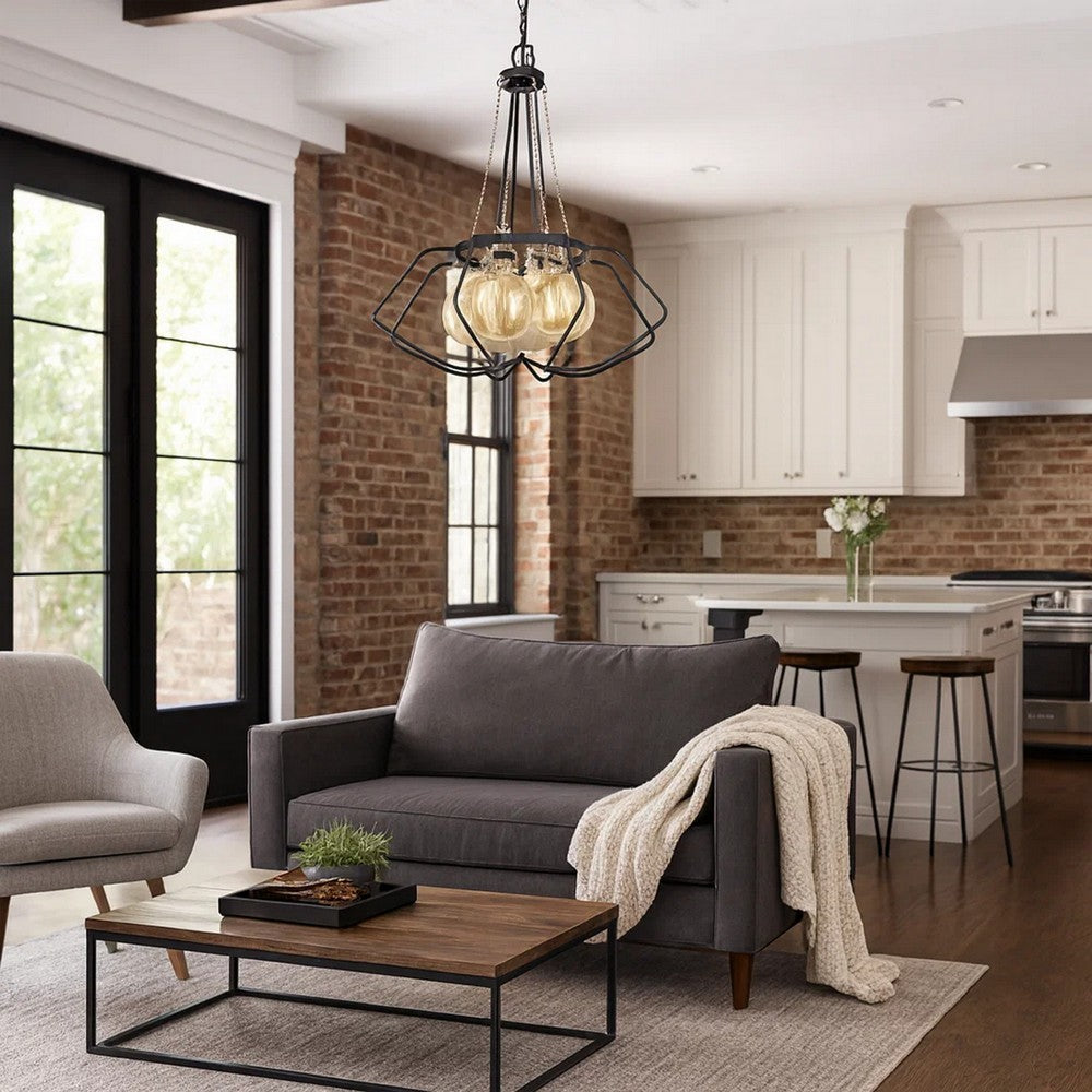 Lima 22 Inch Chandelier w 4 Light Bulbs, Black Metal Cage Design -BM323998