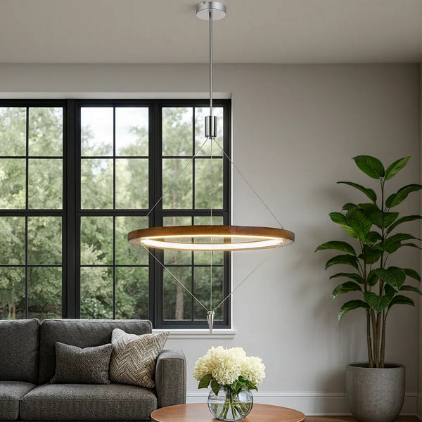 Erbo 11 Inch Pendant Light Fixture, Dimmable LED, Pine Wood and Chrome -BM323999