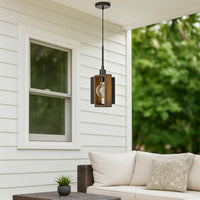 Gen 9 Inch Mini Pendant Light Fixture w Bulb, Black Metal, Pine Wood -BM324000