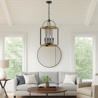 Rio 16 Inch Chandelier w Upturned Lights and Canopy, Wood, Black Metal -BM324001
