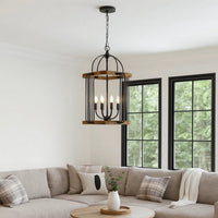 Rio 16 Inch Chandelier w Upturned Lights and Canopy, Wood, Black Metal -BM324001