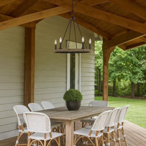 Stomy 23 Inch Chandelier, Brown Wood Wheel Design, Black Metal Chain -BM324003