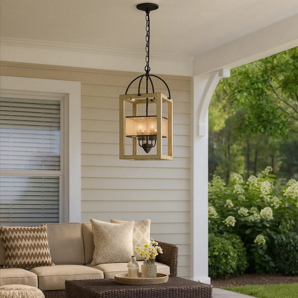 Acia 12 Inch Chandelier, Distressed Brown Organza Shade, Wood, Metal -BM324005