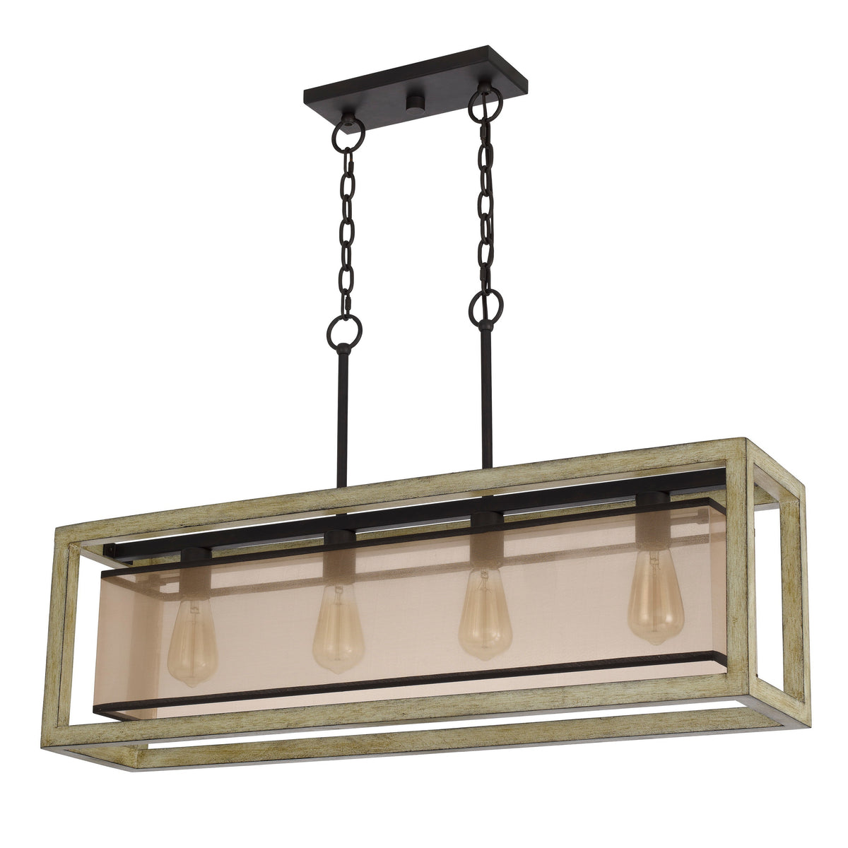 Acia 36 Inch Chandelier, Rectangular Organza Shade, Wood, Metal   - BM324006