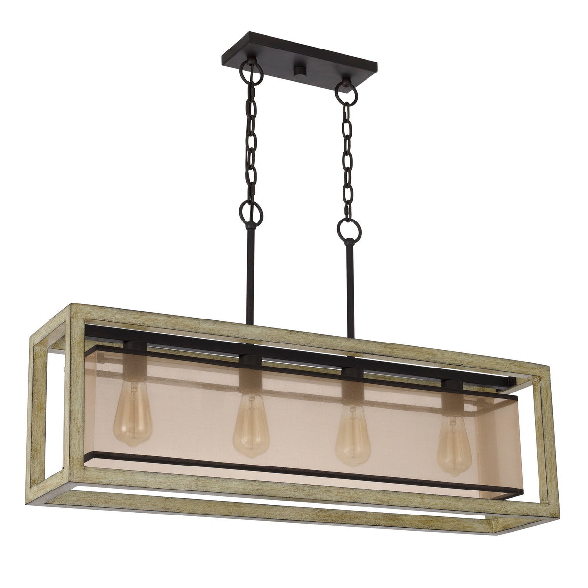 Acia 36 Inch Chandelier, Rectangular Organza Shade, Wood, Metal   - BM324006