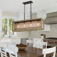 Acia 36 Inch Chandelier, Rectangular Organza Shade, Wood, Metal   - BM324006