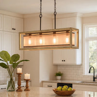 Acia 36 Inch Chandelier, Rectangular Organza Shade, Wood, Metal   - BM324006