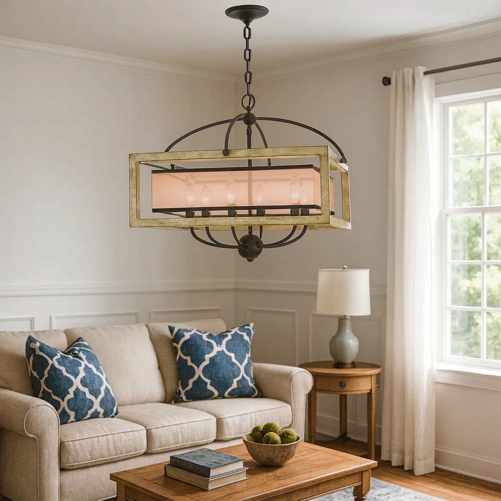 Acia 24 Inch Chandelier, Square Organza Shade, Wood, Metal  -BM324008