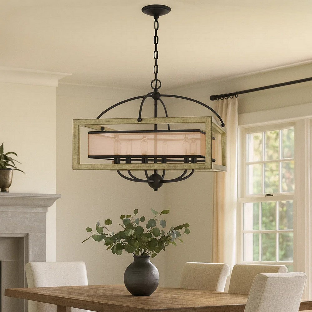 Acia 24 Inch Chandelier, Square Organza Shade, Wood, Metal  -BM324008