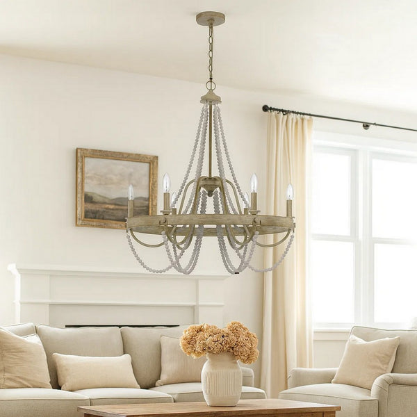 Maci 28 Inch Chandelier, White Beaded Candelabra Design, Brown Wood -BM324009