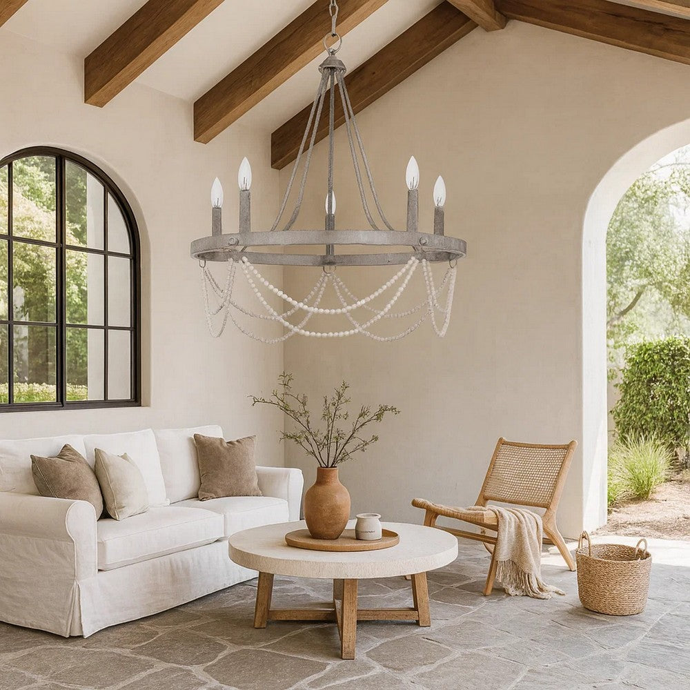 Lony 26 Inch Chandelier with White Beaded Candelabra Design, Metal -BM324010