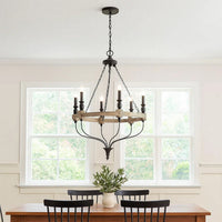 Omy 26 Inch Chandelier, Distressed Wood Wheel Candelabra Design, Black -BM324012