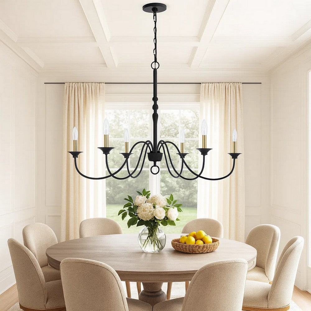 Rino 36 Inch Chandelier, Brass Candelabra Sleeve Accents, Black Metal -BM324013