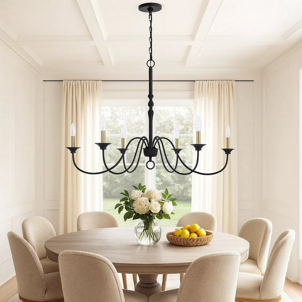 Rino 36 Inch Chandelier, Brass Candelabra Sleeve Accents, Black Metal -BM324013