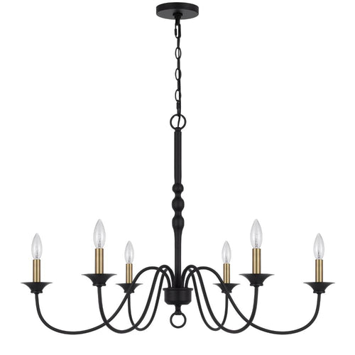 Rino 36 Inch Chandelier, Brass Candelabra Sleeve Accents, Black Metal