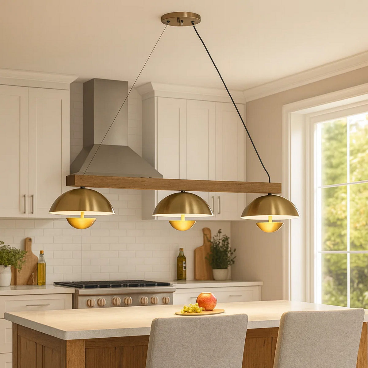 Sete 47 Inch Island Chandelier w LED, Rustic Brass Dome Shade, Wood  - BM324018