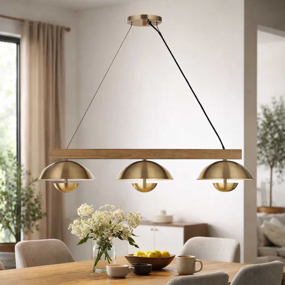 Sete 47 Inch Island Chandelier w LED, Rustic Brass Dome Shade, Wood  - BM324018