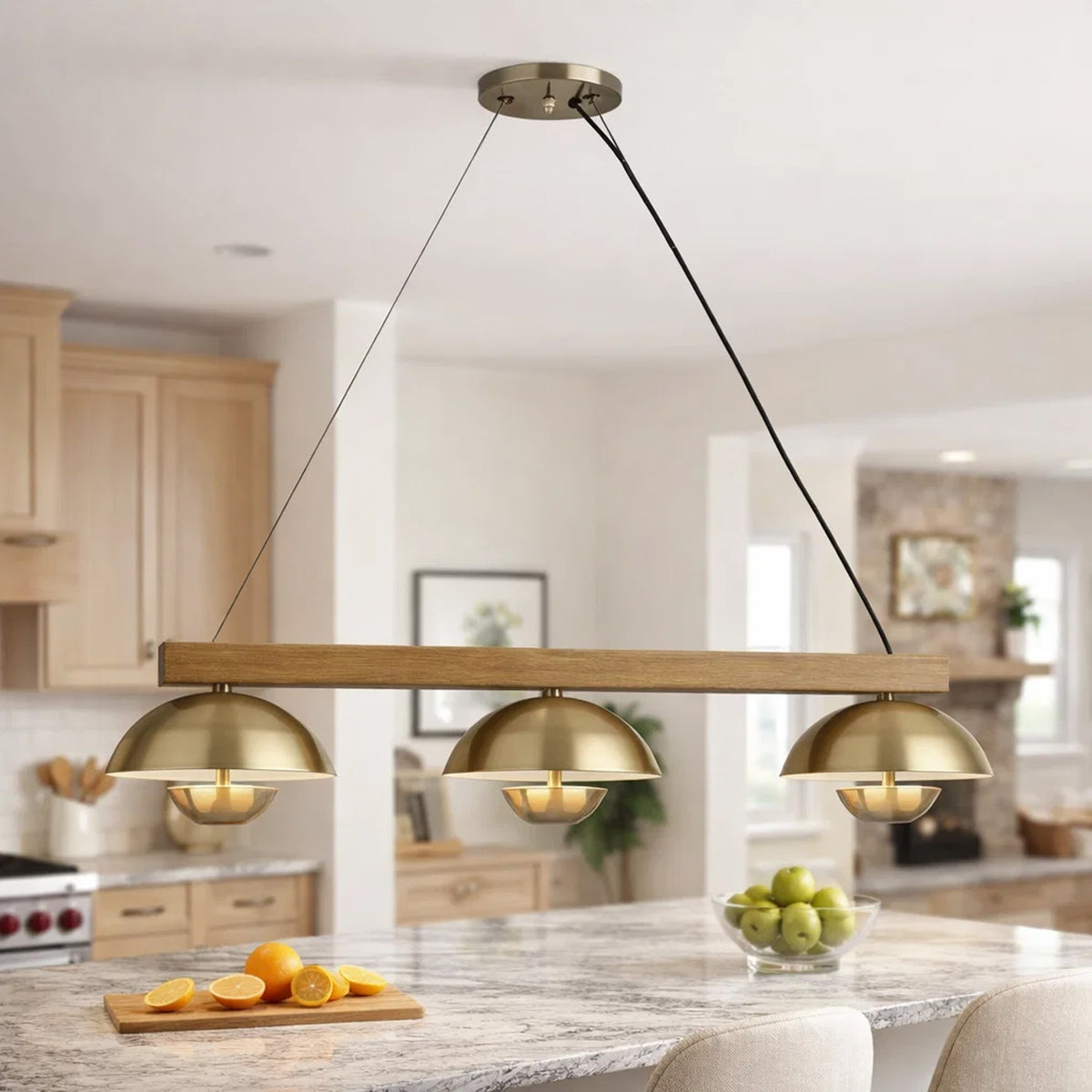 Sete 47 Inch Island Chandelier w LED, Rustic Brass Dome Shade, Wood  - BM324018