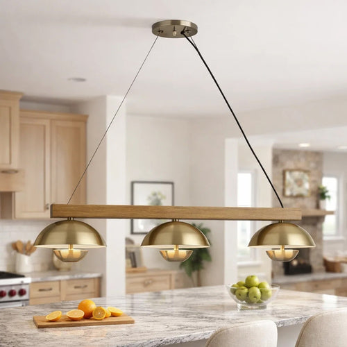 Sete 47 Inch Island Chandelier w LED, Rustic Brass Dome Shade, Wood  - BM324018