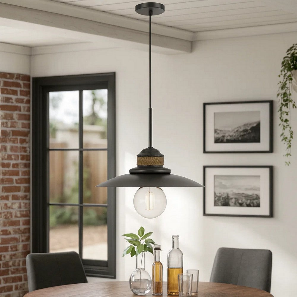 Oly 16 Inch Pendant Light w Burlap Rope Design, Dark Gray -BM324019
