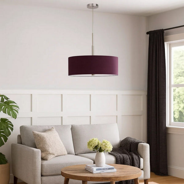 Sia Pendant Light Fixture w Plum Hardback Drum Shade, 24 Inch Chrome -BM324025