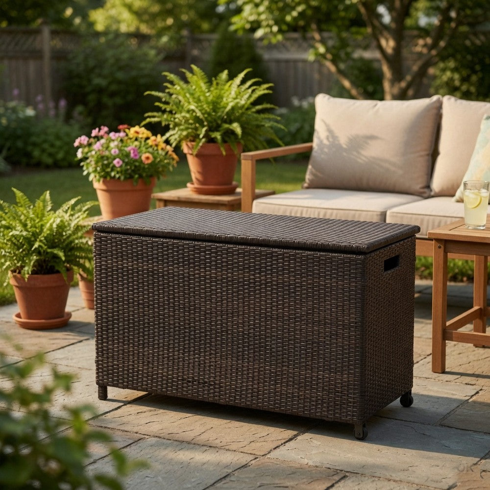 Laki Outdoor Storage Chest, Brown PE Rattan Wicker, Aluminum, 53 Inch - BM324029