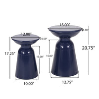 Suma Outdoor End Table Set of 2, Round, Pedestal Base, Navy Blue Iron - BM324035
