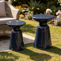 Suma Outdoor End Table Set of 2, Round, Pedestal Base, Navy Blue Iron - BM324035